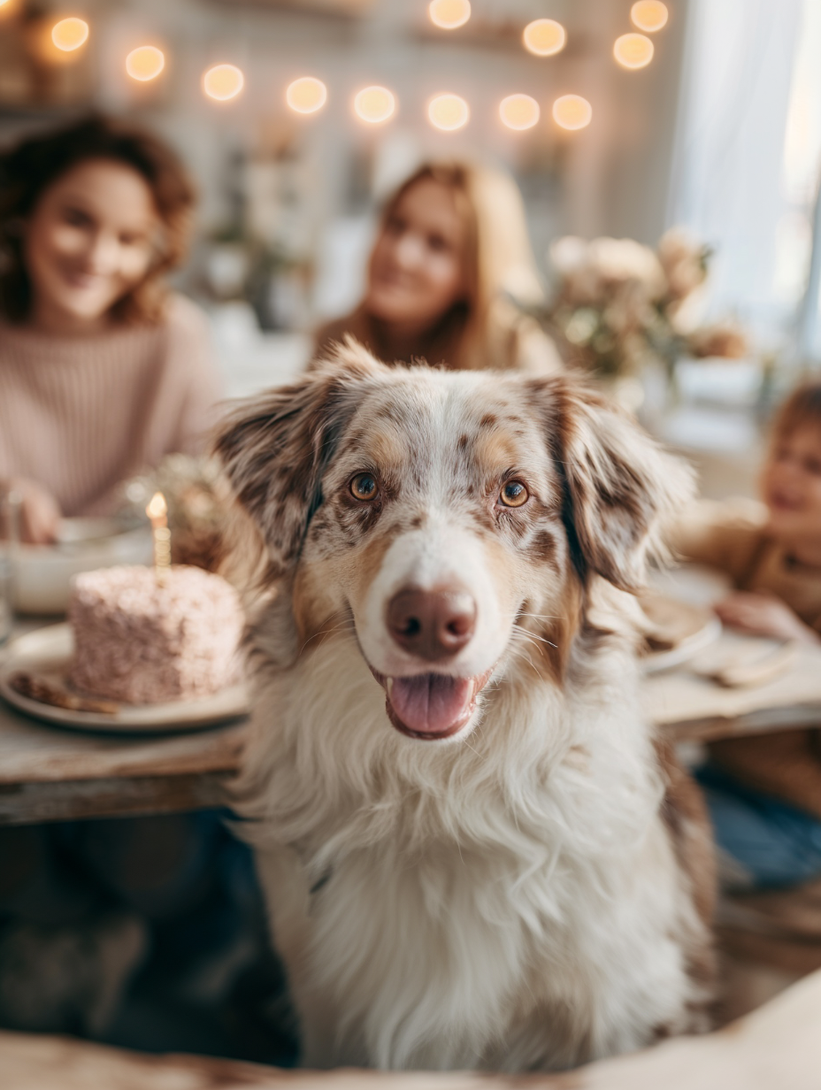 Familie feiert Hundegeburtstag mit Hundekuchen und Deko