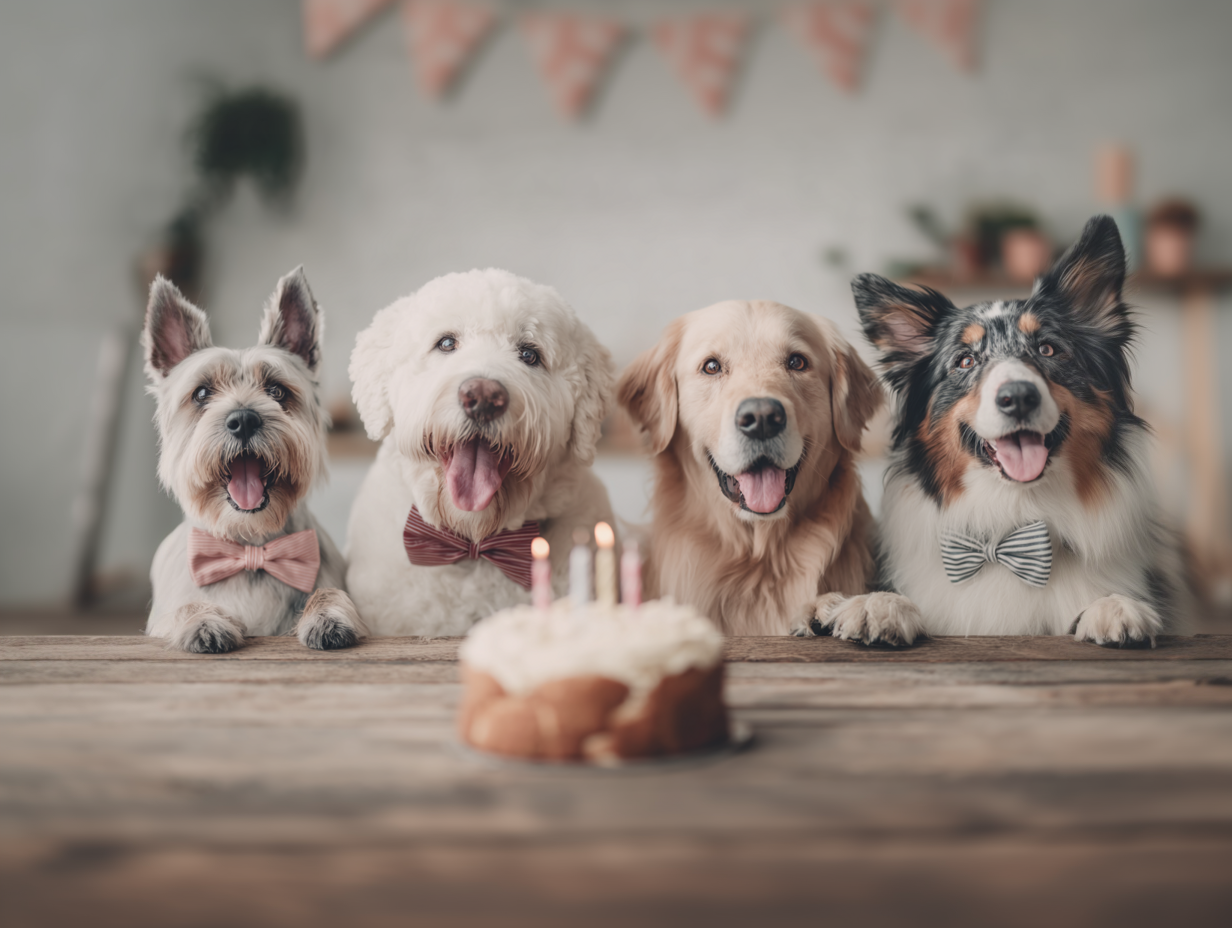 Hunde mit Hundefliegen feiern Hundegeburtstag mit Kuchen und Partydeko