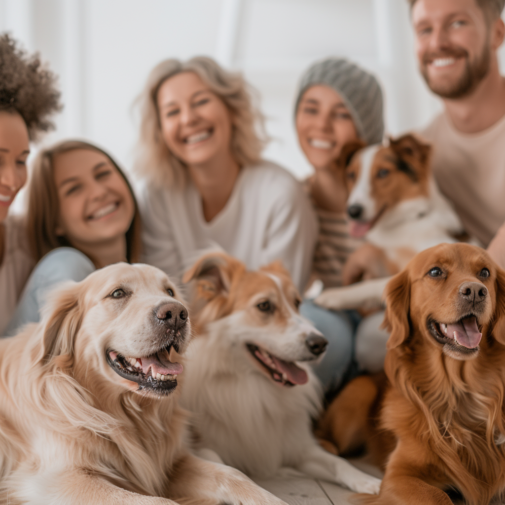 Mehrere Hunde und Menschen feiern gemeinsam eine Hundeparty