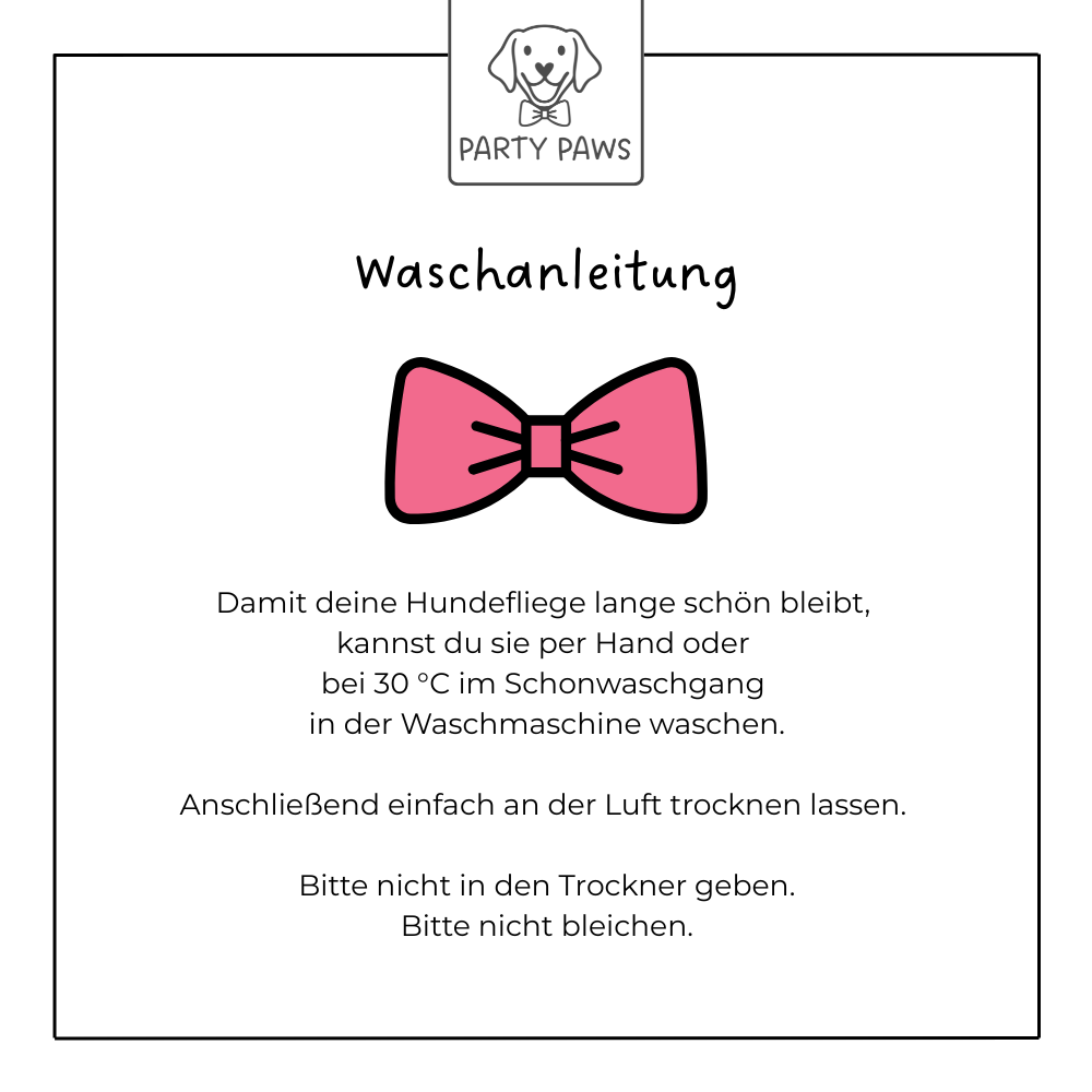Waschanleitung für die Hundefliegen von Party Paws