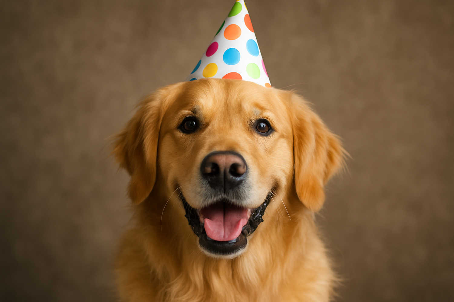 zu sehen ist ein golden Retriever. er trägt einen Partyhut und lächelt in die Kamera. das bild ist realistisch